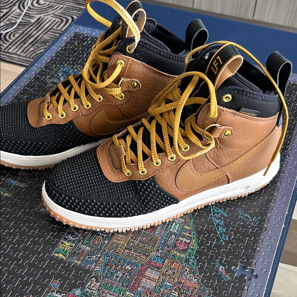 Nike Black and Brown High-Top Sneakers with Yellow Laces